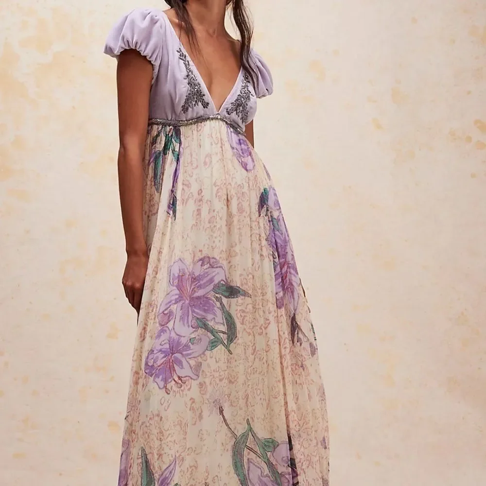 Free People Colette Velvet Embellished Sequins Embroidered Maxi Dress size 8